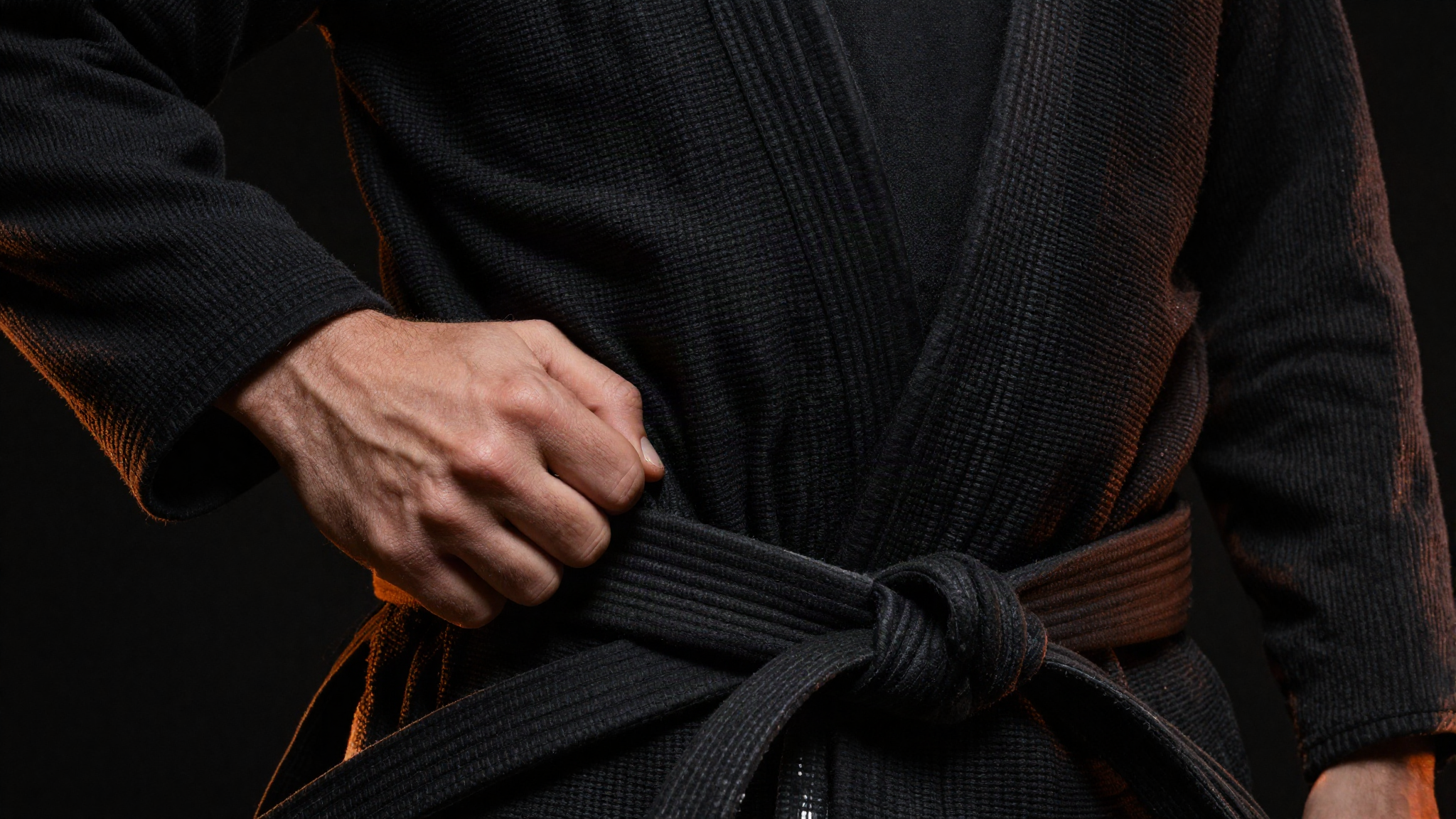 Mão fechada na lapela de um kimono preto, com o nó da faixa preta abaixo