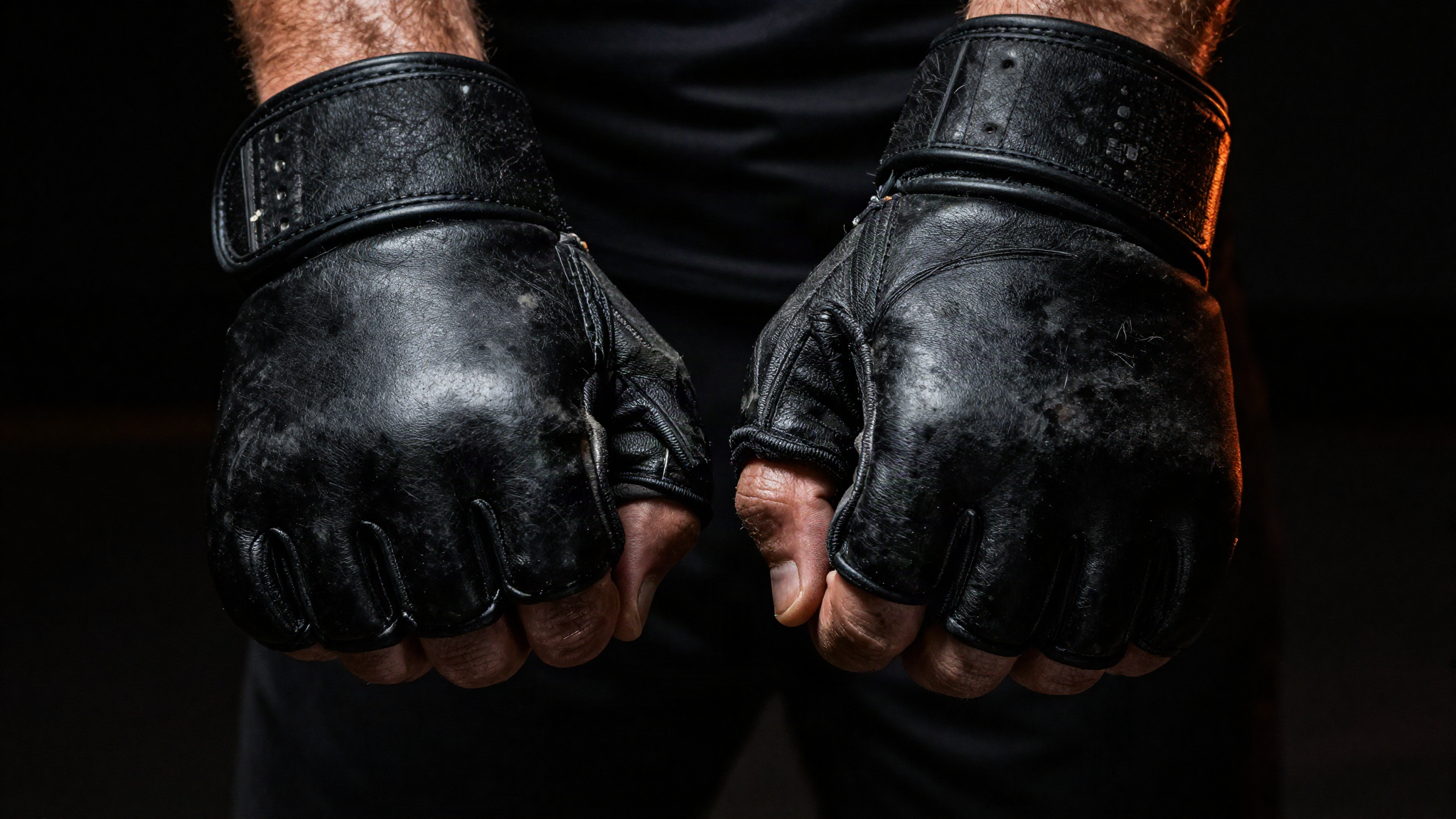 Par de luvas de MMA gastas, punhos cerrados